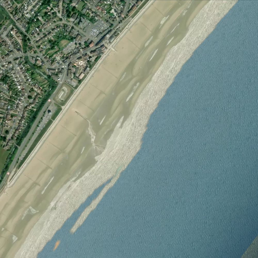 Dymchurch Beach at low water: the dry beach shaded on a satellite map