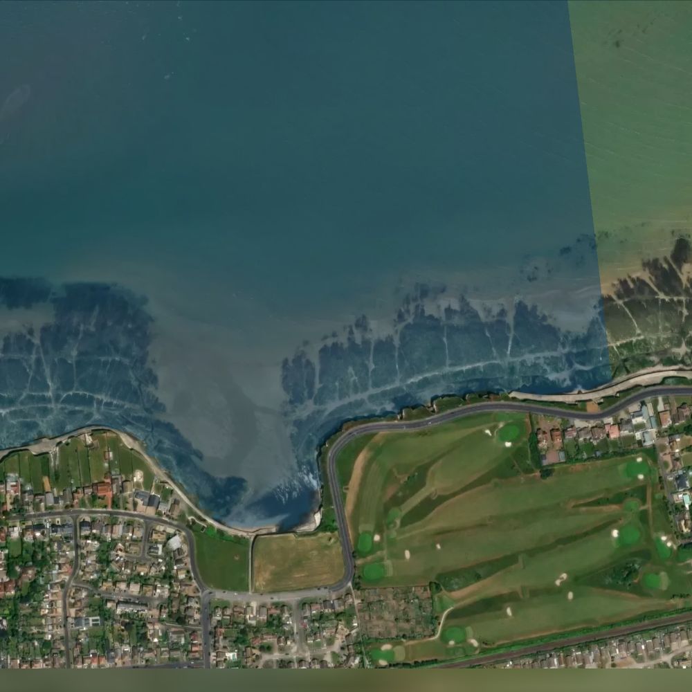 Epple Bay at high water: the dry beach shaded on a satellite map