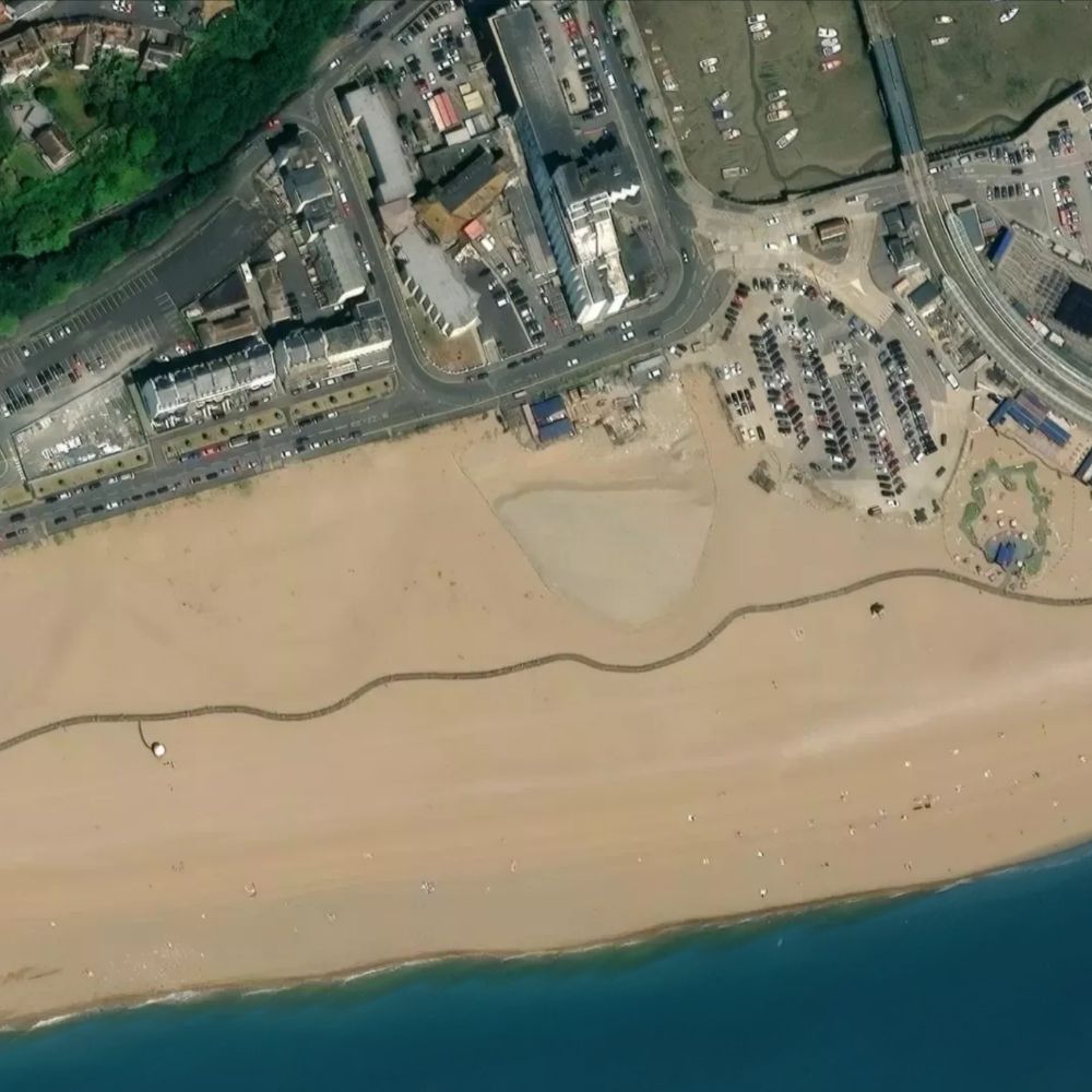 Mermaid Beach, Folkestone at low water: the dry beach shaded on a satellite map