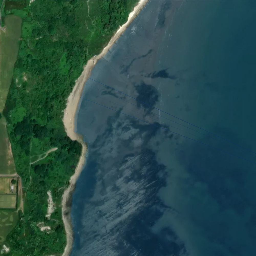 The Warren, Folkestone at high water: the dry beach shaded on a satellite map