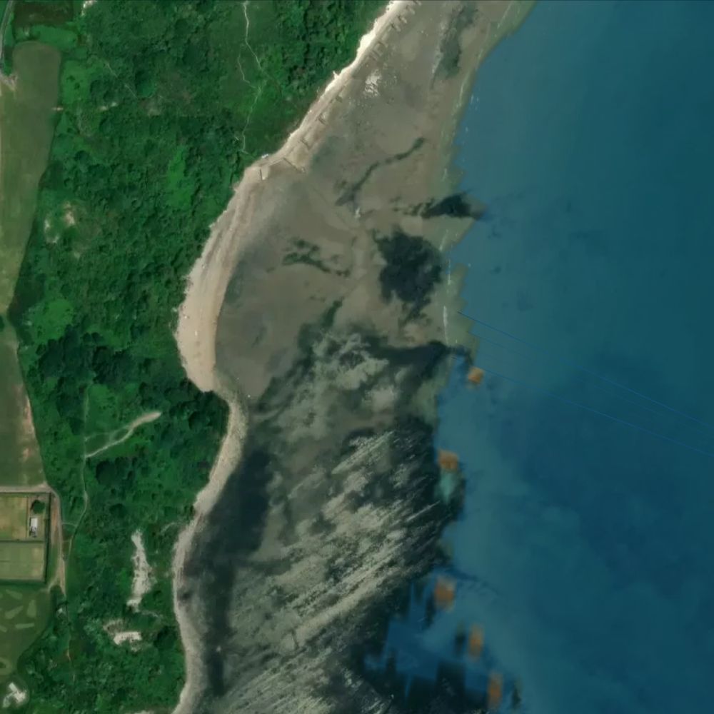 The Warren, Folkestone at low water: the dry beach shaded on a satellite map
