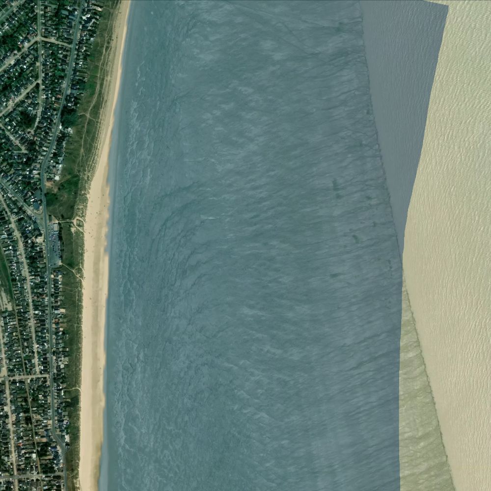 Greatstone Beach at high water: the dry beach shaded on a satellite map