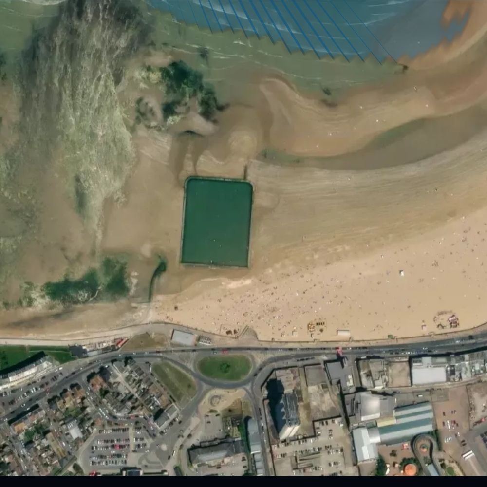 Margate Main Sands at low water: the dry beach shaded on a satellite map