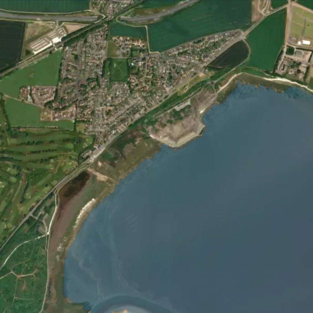 Pegwell Bay at high water: the dry beach shaded on a satellite map