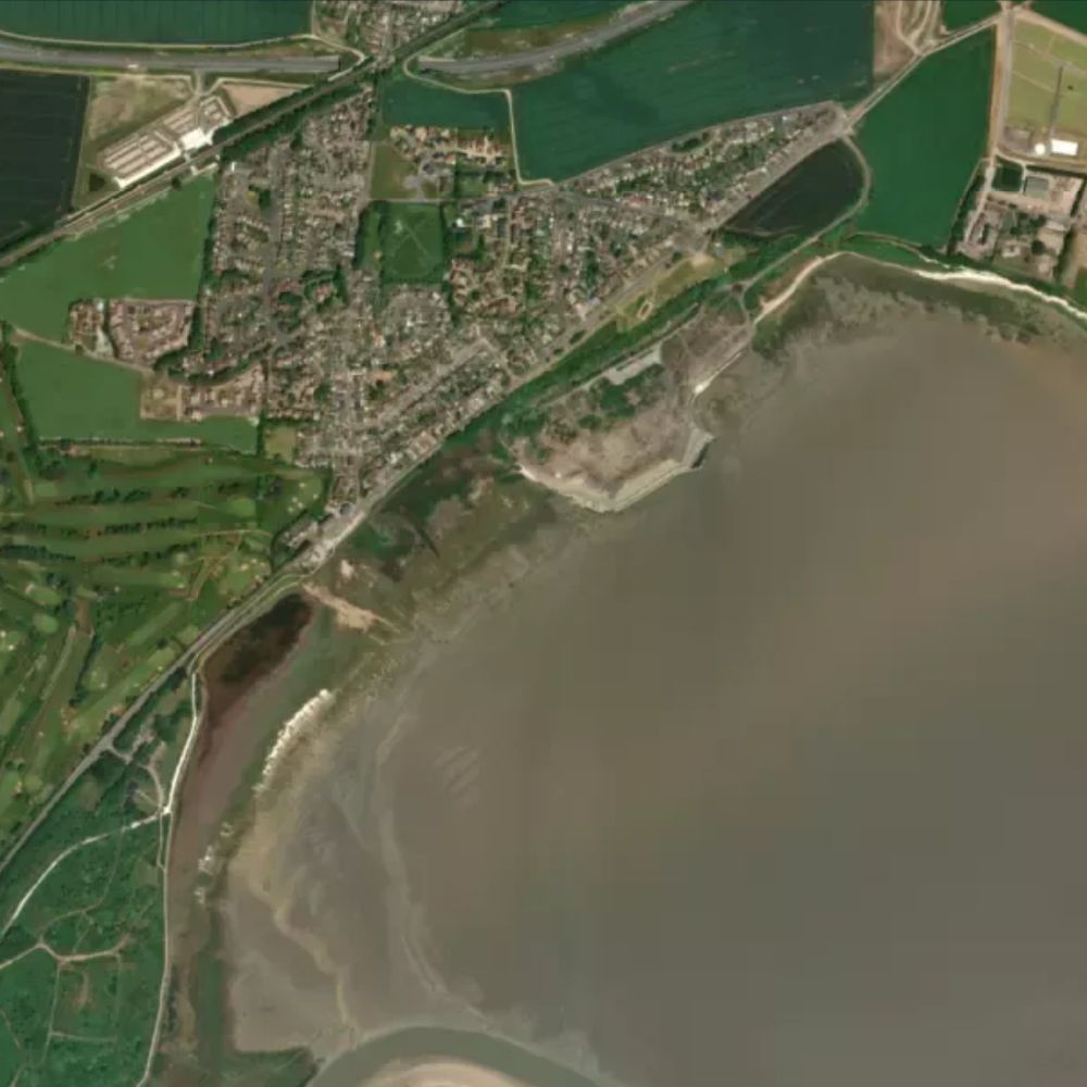Pegwell Bay at low water: the dry beach shaded on a satellite map