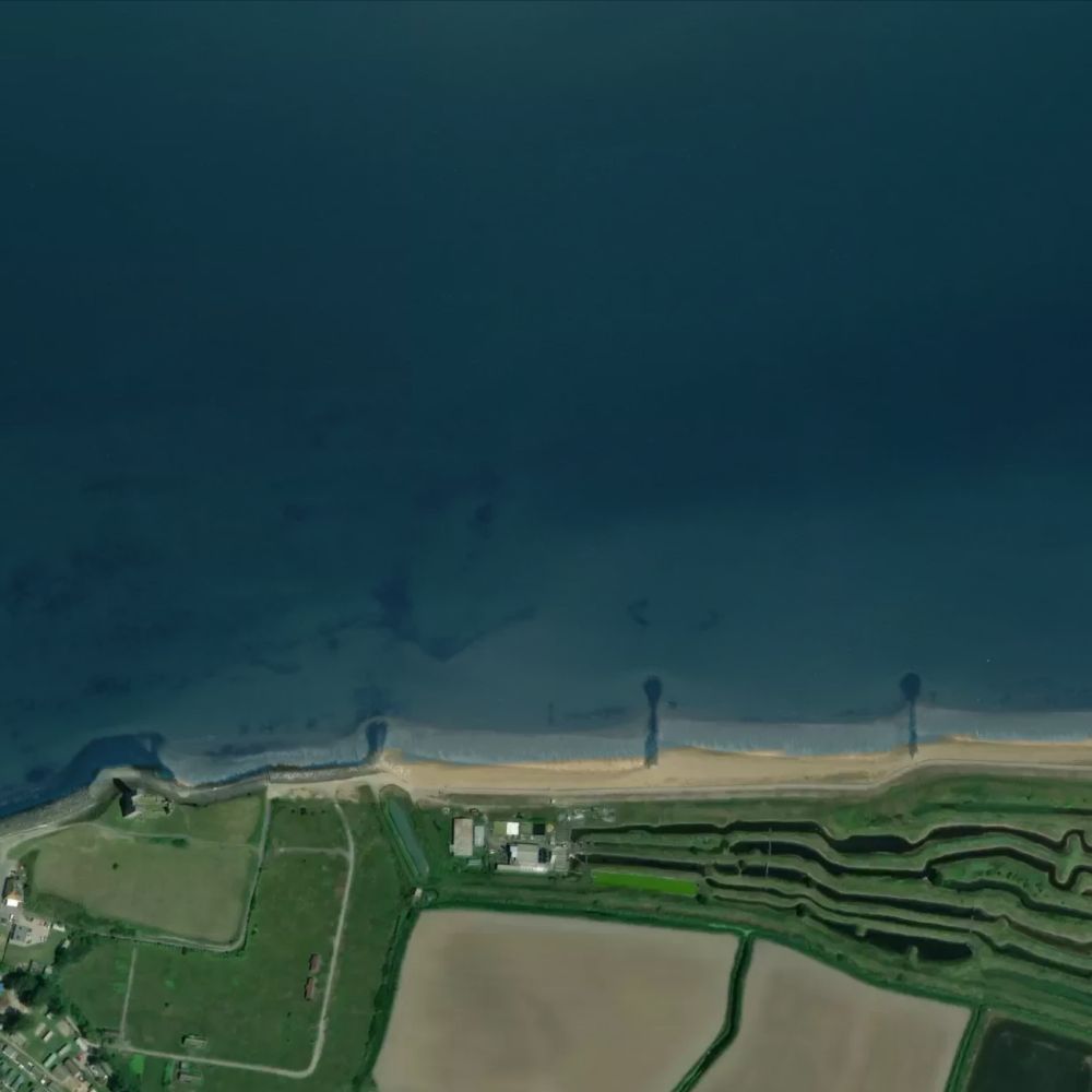 Reculver at high water: the dry beach shaded on a satellite map