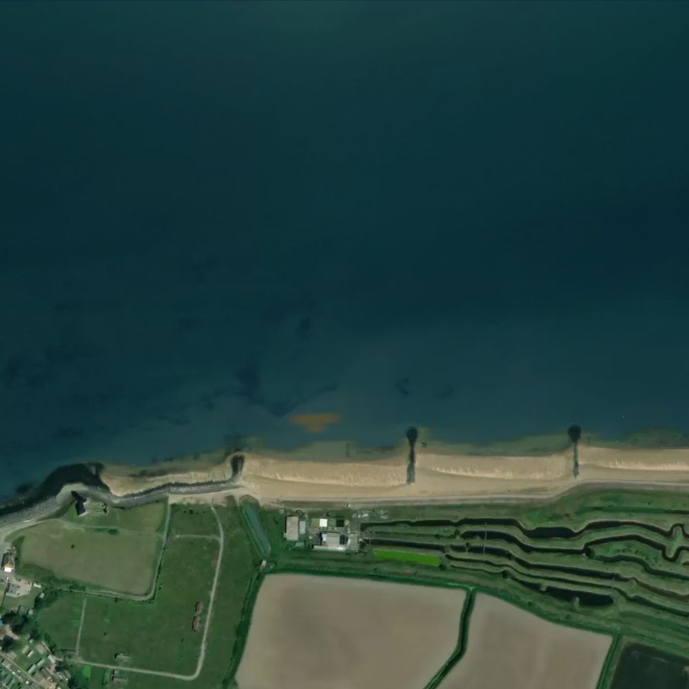 Reculver at low water: the dry beach shaded on a satellite map