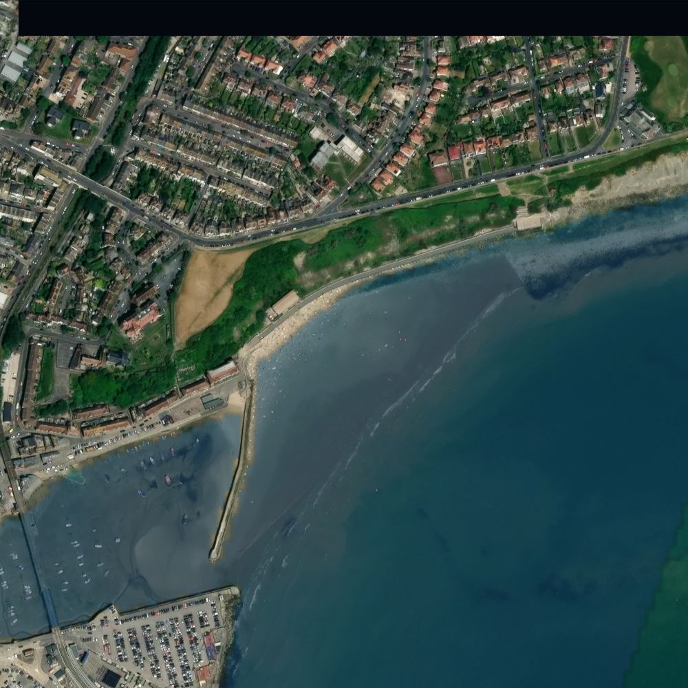 Sunny Sands Folkestone at high water: the dry beach shaded on a satellite map