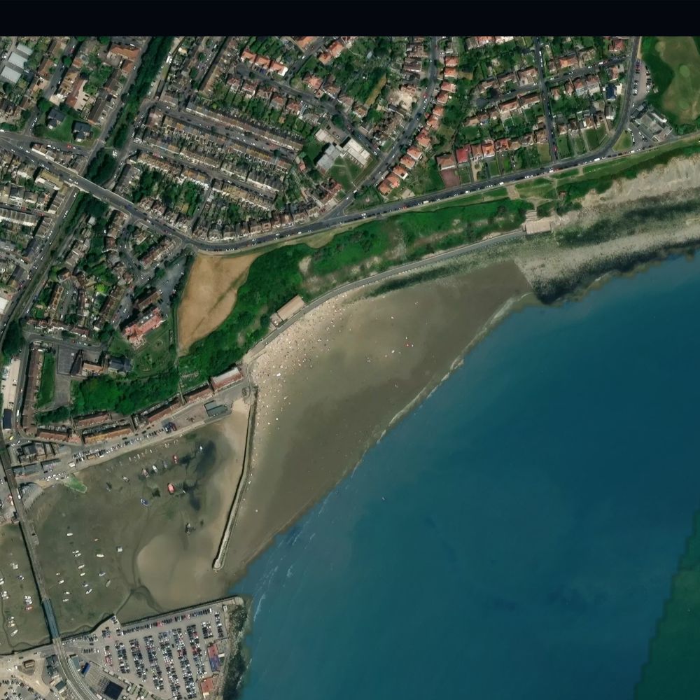 Sunny Sands Folkestone at low water: the dry beach shaded on a satellite map