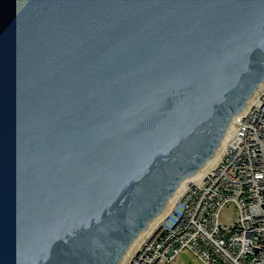 Whitstable Beach at high water: the dry beach shaded on a satellite map