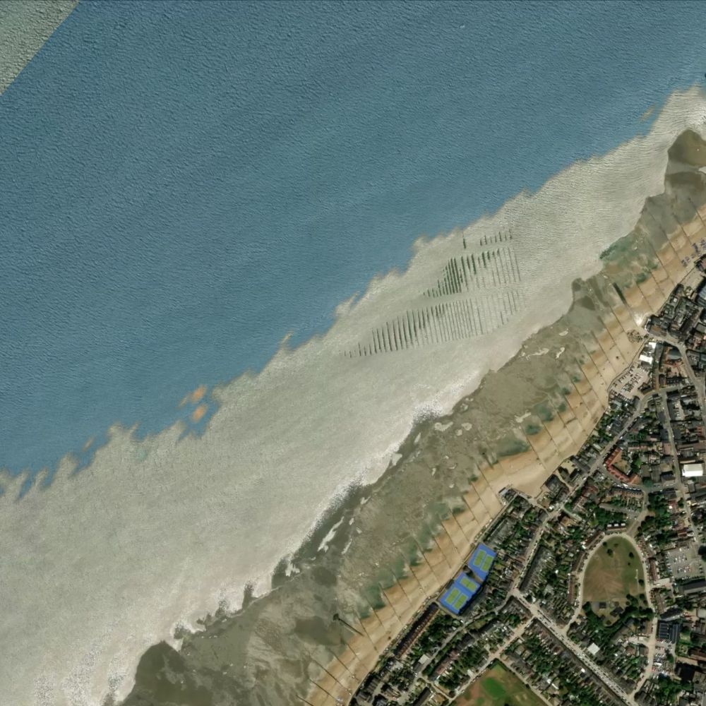 Whitstable Beach at low water: the dry beach shaded on a satellite map